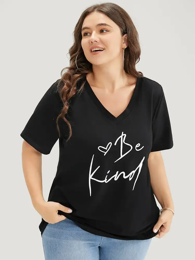 Letter & Heart Print V Neck T-shirt