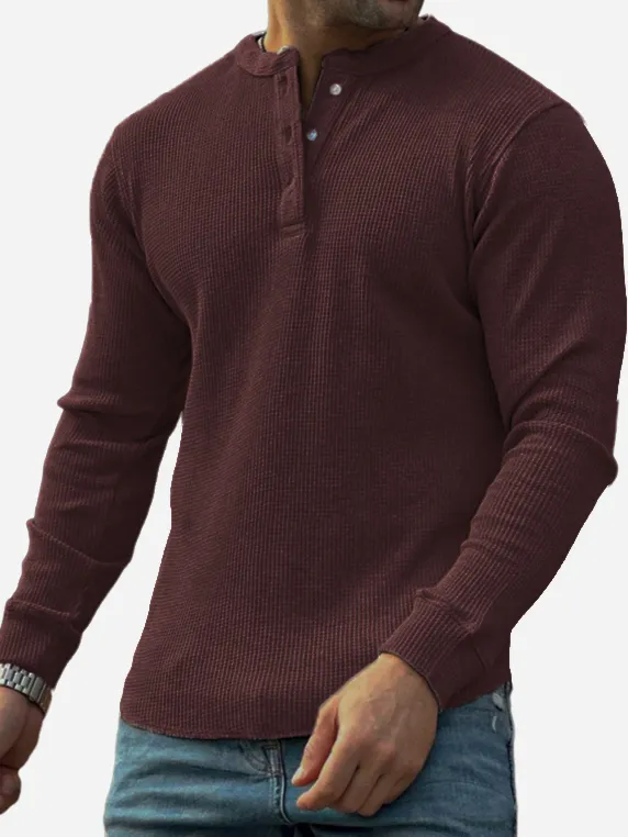 Men's Textured Waffle Trend Long Sleeve Lapel Henley
