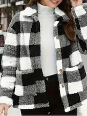 Women's Winter Coat Sherpa Jacket Comfortable Breathable Pocket Buttons Print Casual Plaid Vacation Street Casual Daily Wear Single Breasted Regular Turndown Regular Fit Long Sleeve Outerwear Black