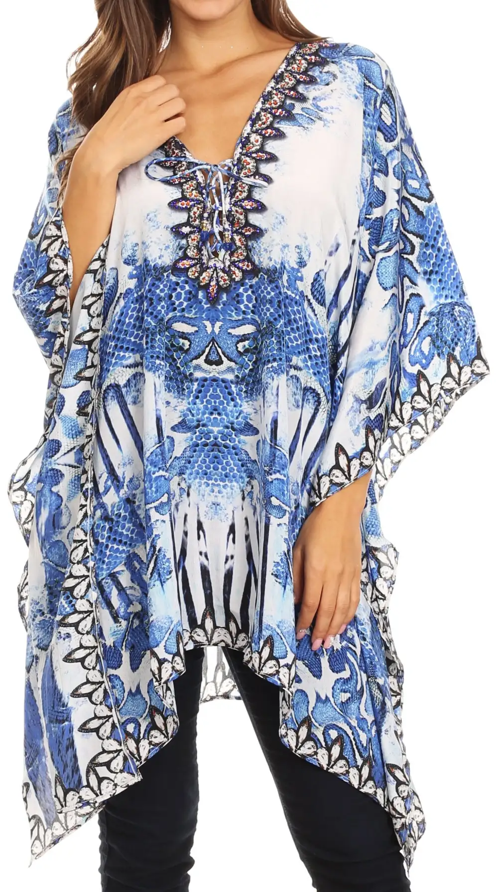 Women's Caftan Poncho Cover up V neck Top Lace up With Rhinestone