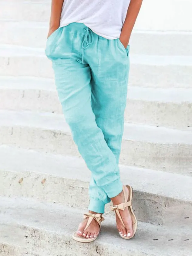 Solid Drawstring Casual Cotton Linen Pant