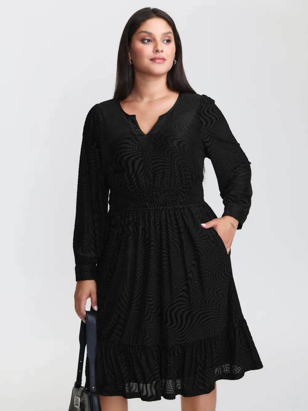 Velvet Laser Cut Ruffled Hem Midi Dress
