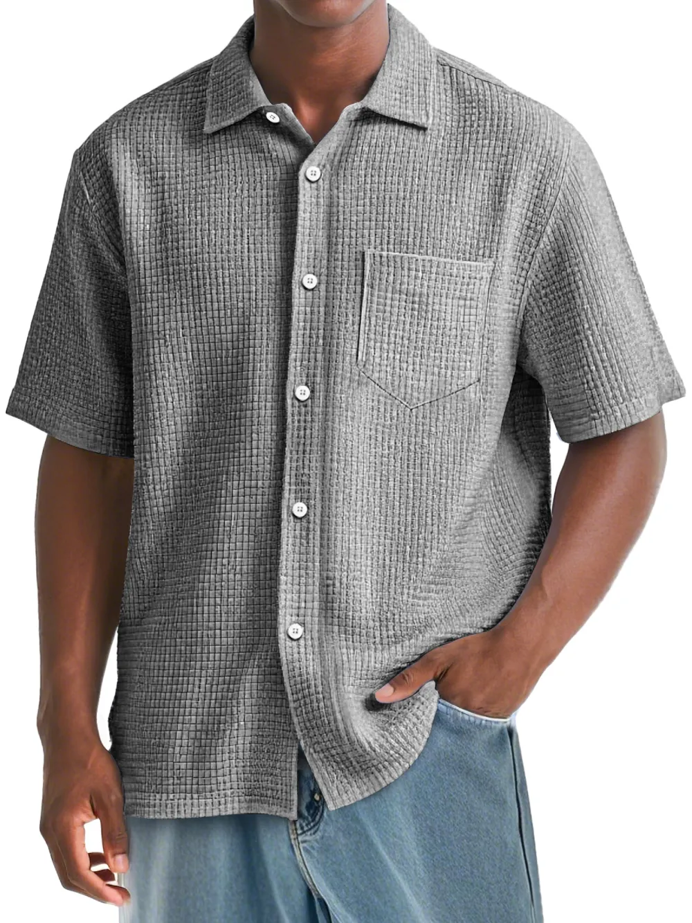 Men's Daily Waffle Texture Casual Pocket Comfort Short Sleeve Shirt