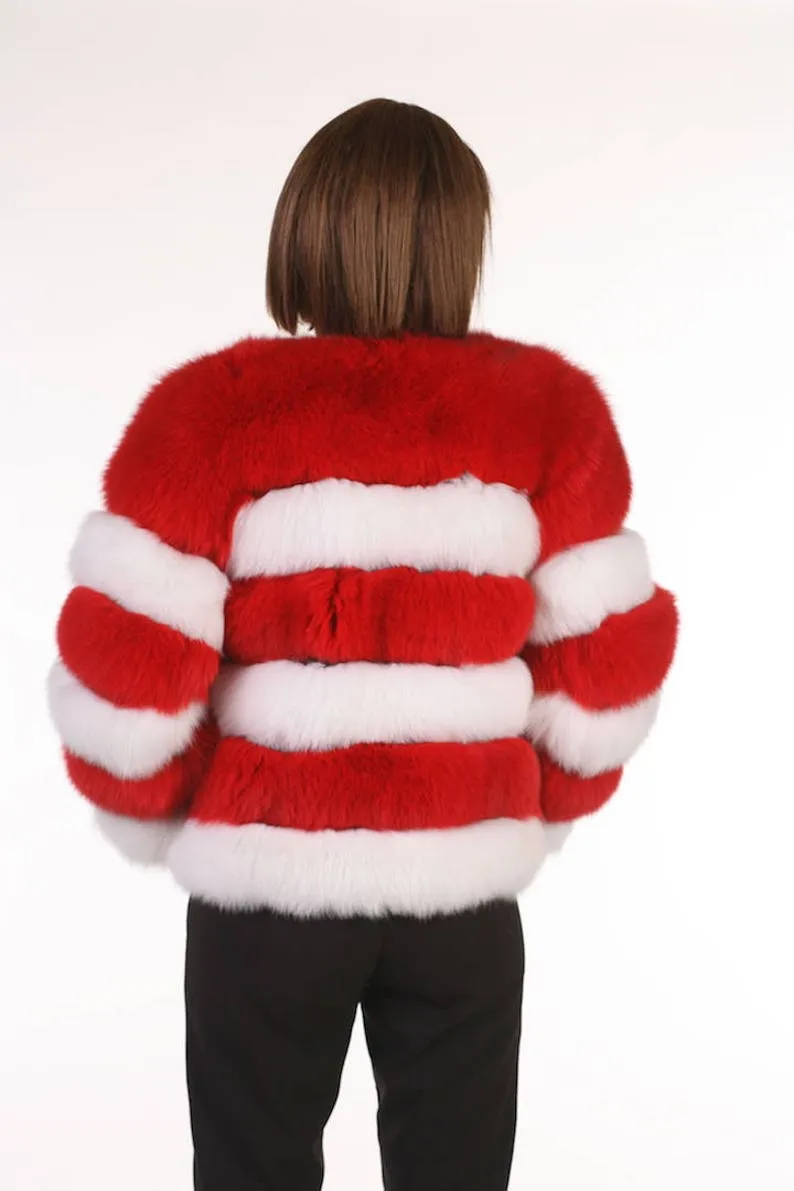Red and White Fox Fur Jacket