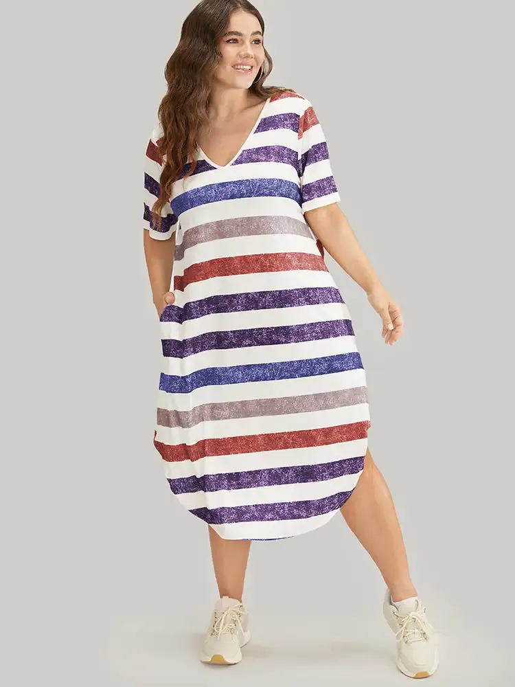 Striped Contrast Arc Hem V Neck Pocket Dress