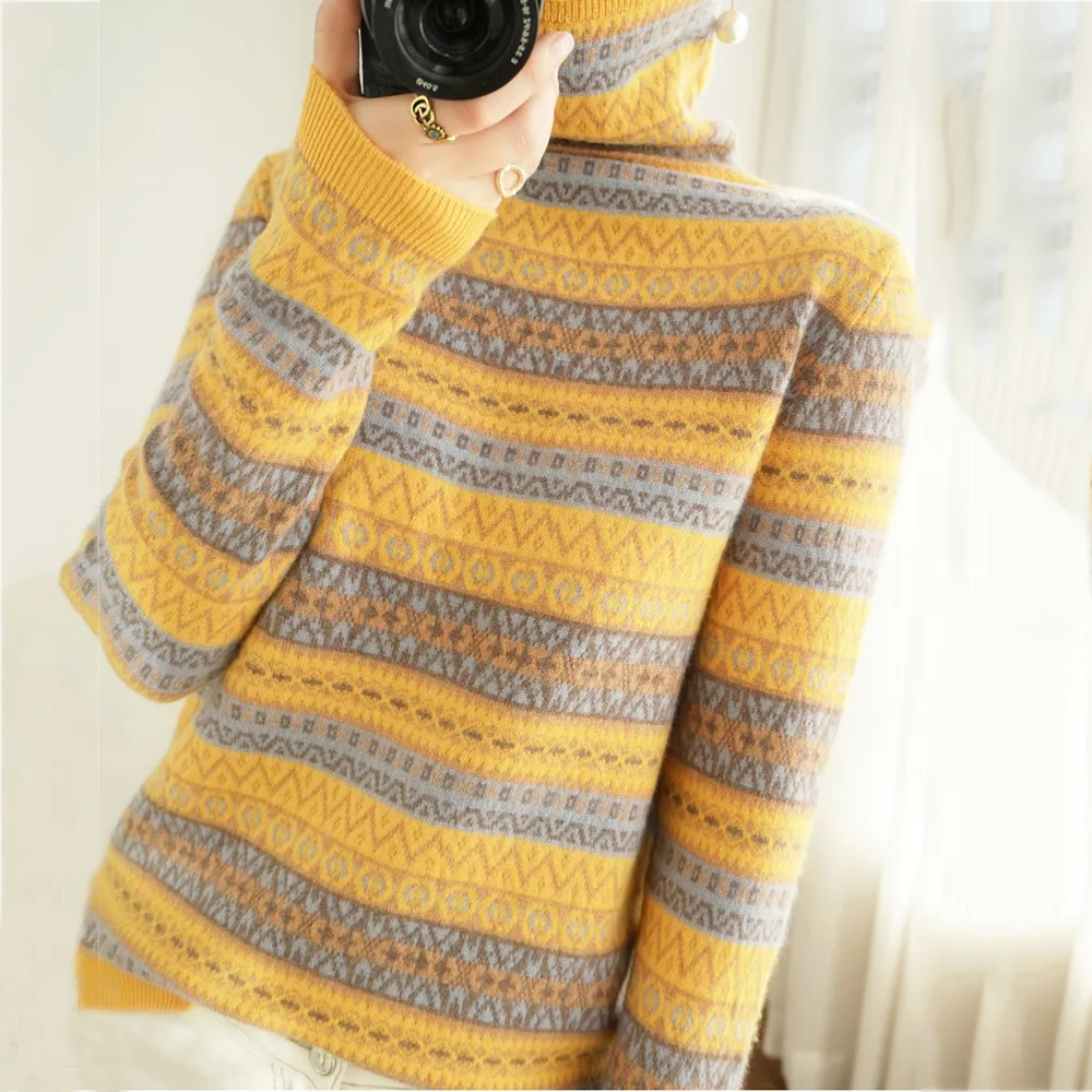 Vintage Ethnic Jacquard Long Sleeve Pile Neck Sweater