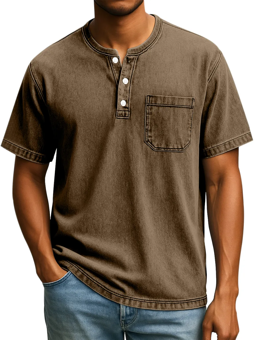 Men's Retro Casual Simple Solid Color Button Short Sleeve Henley Shirt