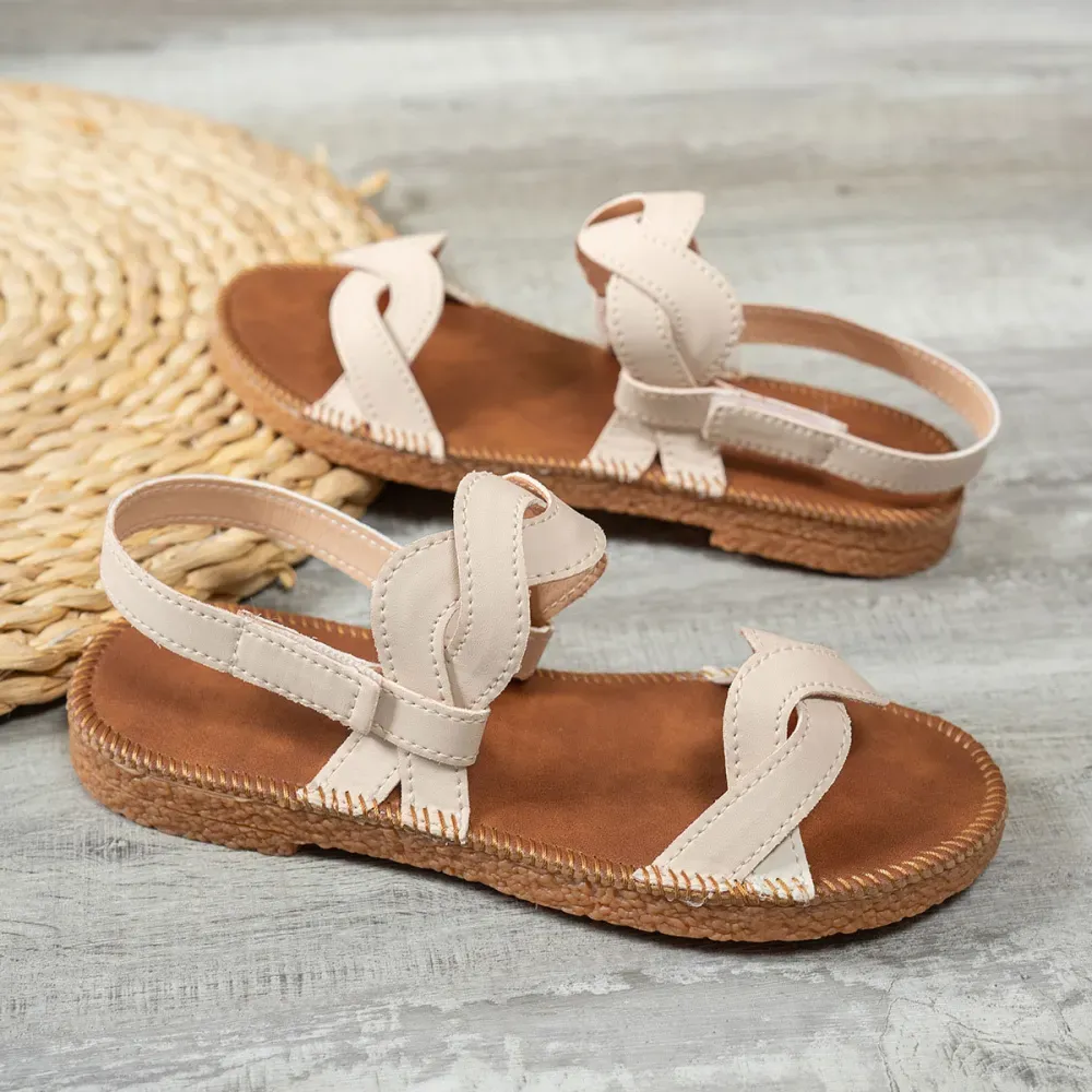 Beige Open Toe PU Leather Falt Sandals