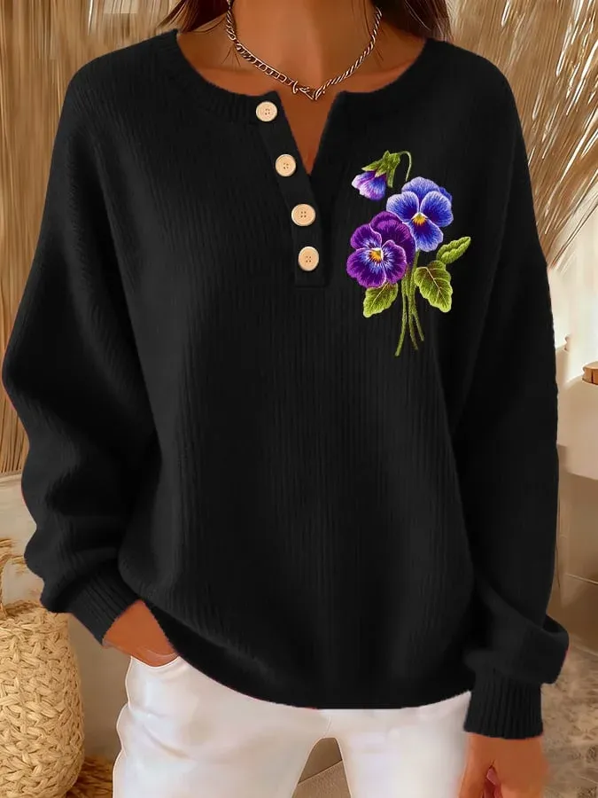 Women's Casual Purple Floral Button-Down Knitted Top