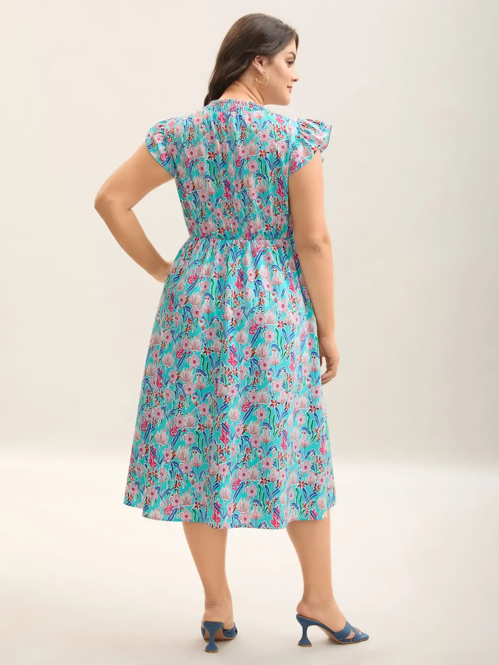 Floral Print Shirred Pockets Midi Dress