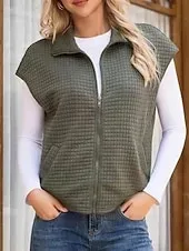Women's Sweater Sweater Vest Streetwear Casual Solid Color Shirt Collar Zipper Pocket Knitted Sleeveless Regular Tops Knit Daily Holiday Going out Black White Fall Winter