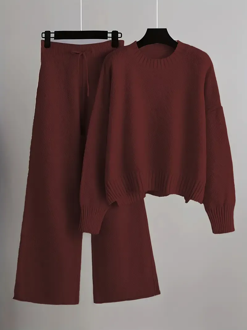 Autumn and Winter Fashion Casual Knitted Suit Pants Women's Loose Sweater Wide Leg Pants Two Piece Set