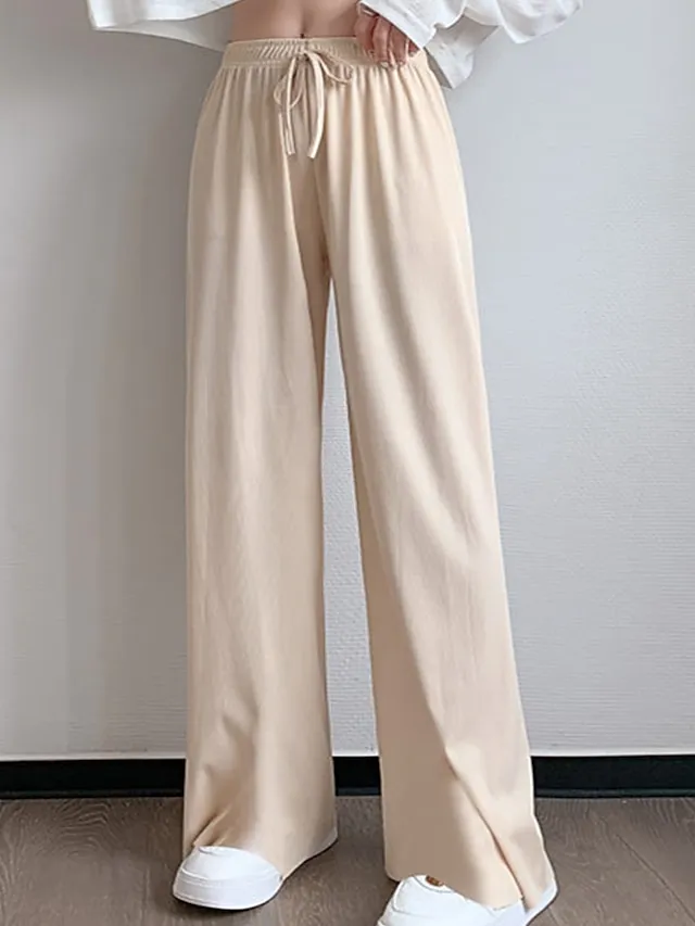 Women's Wide Leg Chinos Baggy Mid Waist Full Length Black Summer