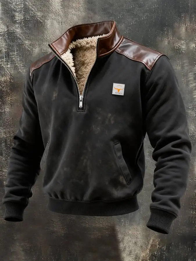 Men's Vintage Suede Leather Stitching Plush Warm Zip-Up Sweatshirt