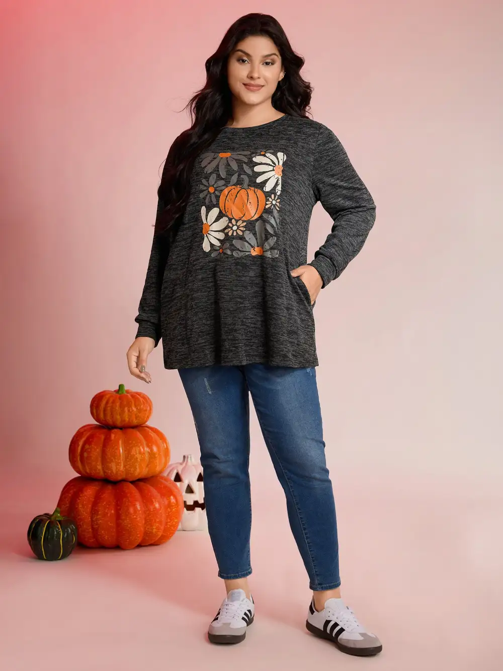 Halloween Pumpkin Floral Pockets Tunic Top