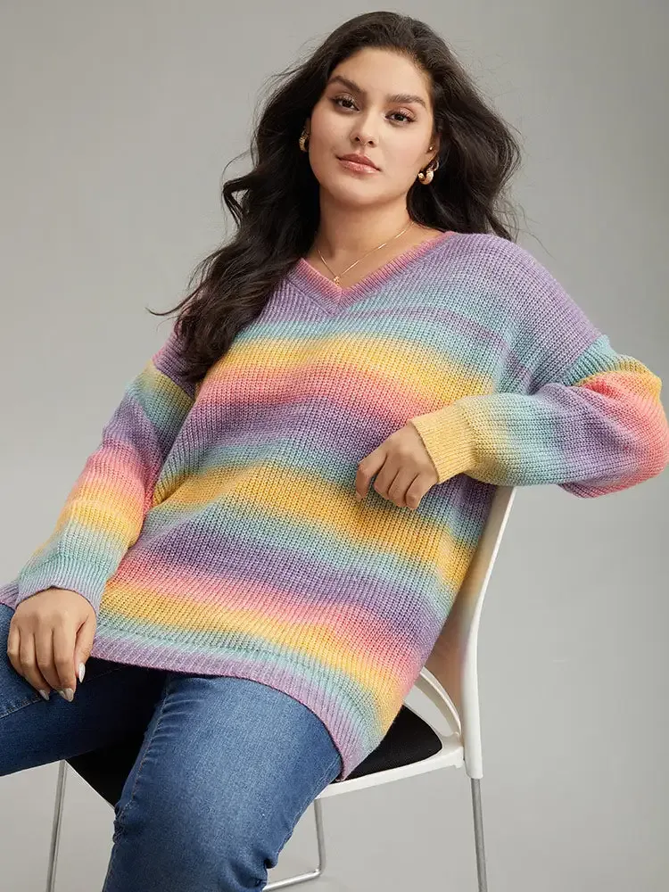 Rainbow Ombre V Neck Loose Pullover