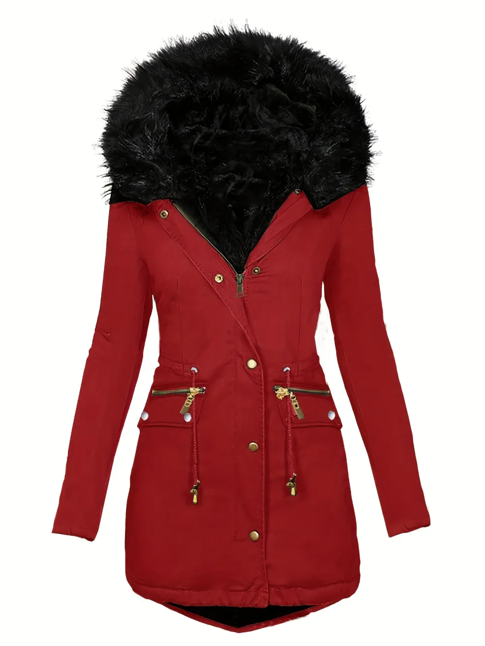 Stylish Faux Fur Trim Parka Coat - Women's Clothing - Zip-Up Thermal Overcoat with Button Front Pockets, Drawstring Hood, and Soft Faux Fur Lining for Winter Warmth