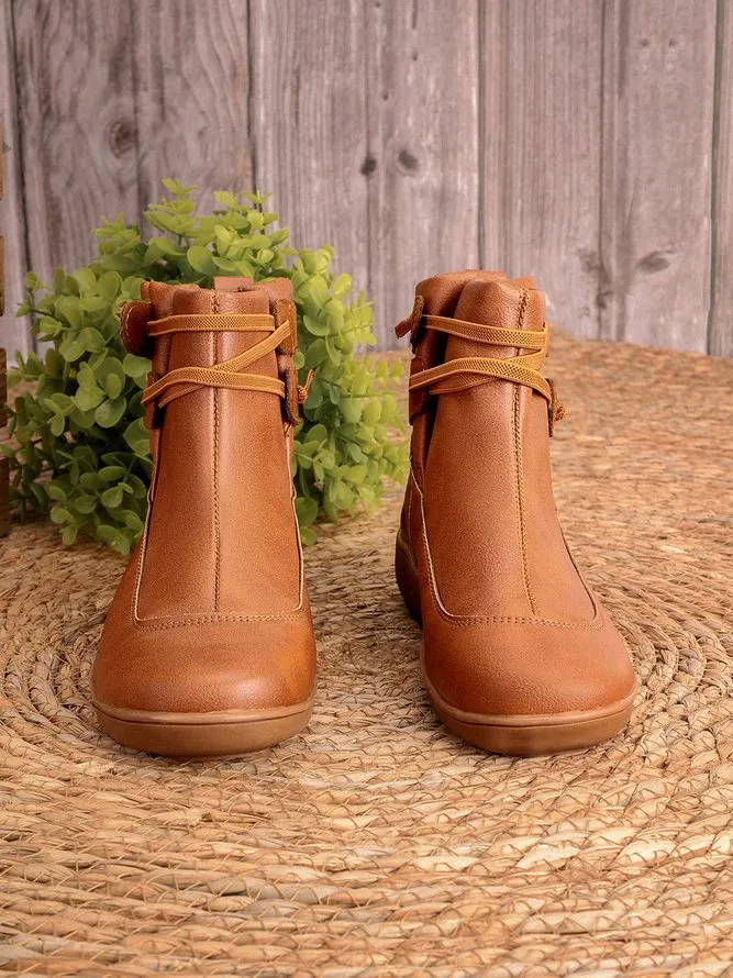 Vintage Women Casual Braided Strap Breathable Lether PU Flat Heel Classic Boots