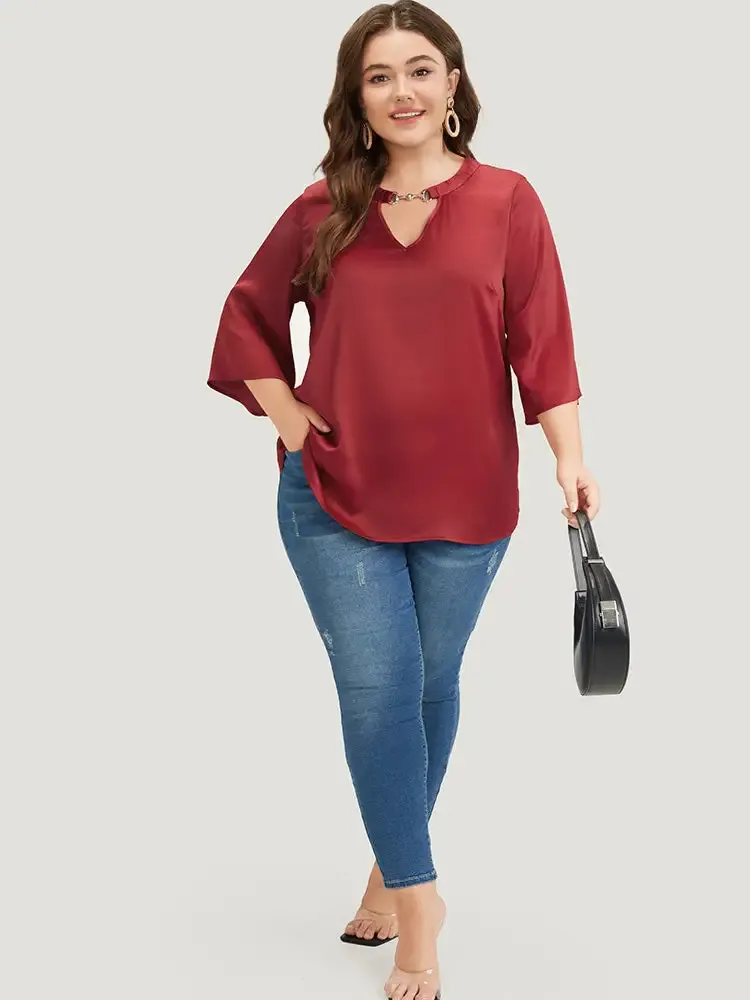 Anti-Wrinkle Plain Buckle Detail Neck Cut Out Blouse