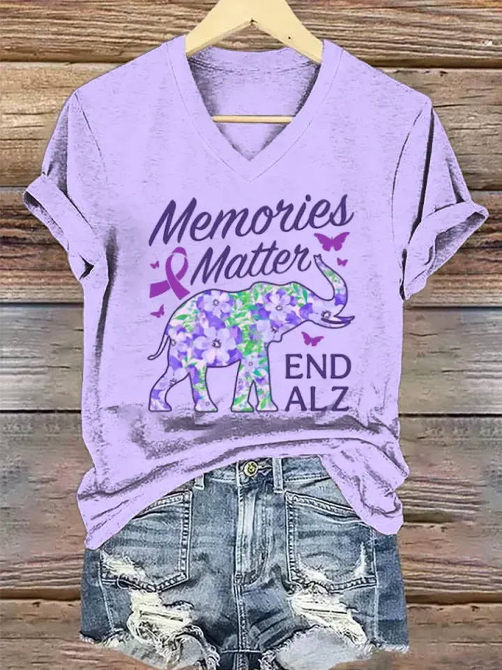 Women's Purple Alzheimer Awareness Art V-neck Casual T-Shirt