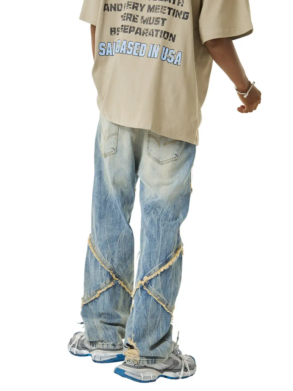 Heavy Washed Ripped Plaid Stitching Hip-Hop Jeans - 2174