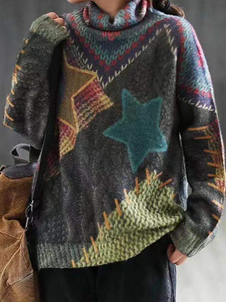 Vintage Star Knit Patchwork Art Sweater