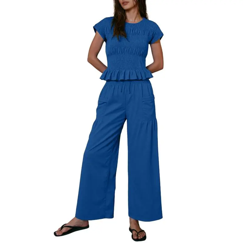 Women’s Smocked Top & Wide-Leg Pants Set – High-Waisted Lounge Outfit with Pockets