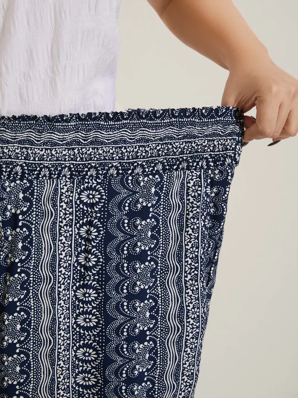 Boho Print Shirred Waist Wide-Leg Pants