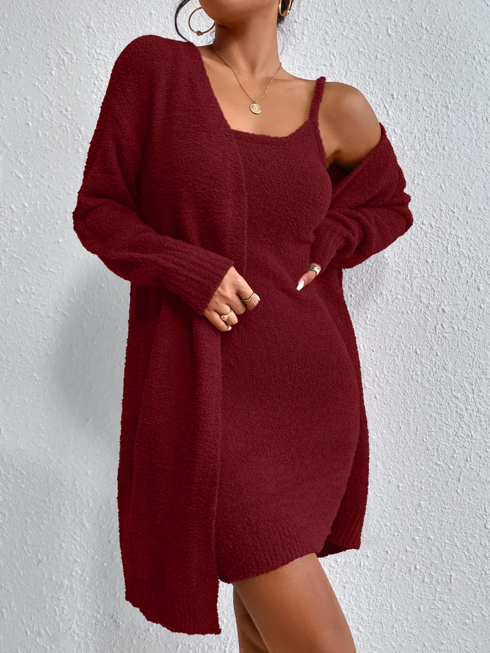 Solid Cami Sweater Dress & Drop Shoulder Cardigan