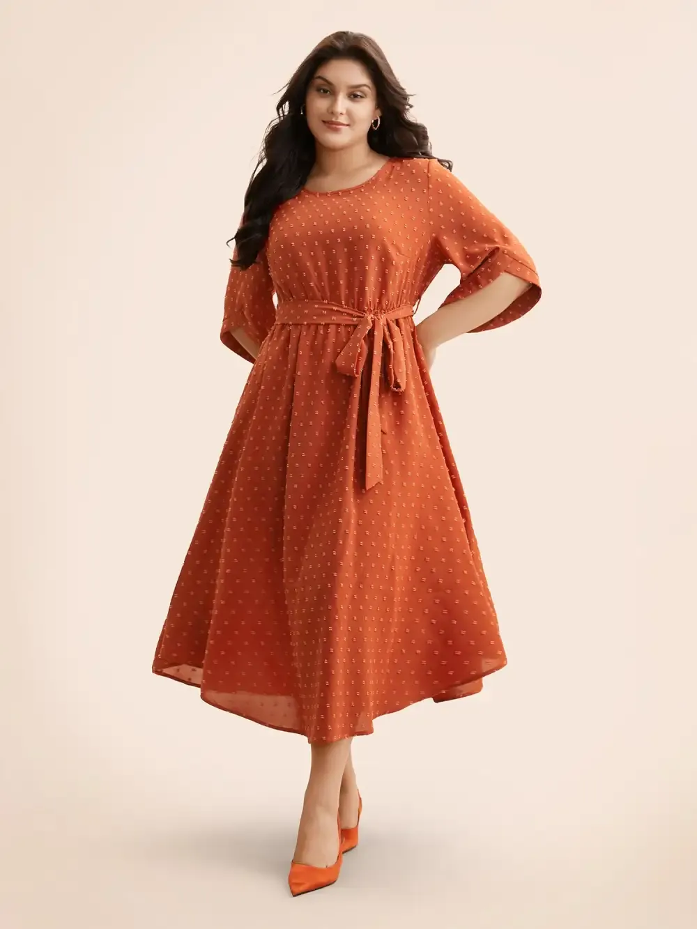 Textured Bell Sleeve Belted Arc Hem Dress