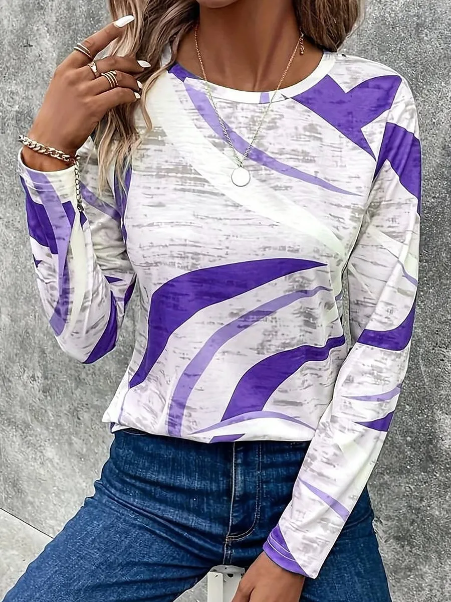Women's T shirt Long Sleeve Crew Neck Long Sleeve Tunic Casual Print Regular Tops Daily Blue Purple Khaki Spring Fall Prefall