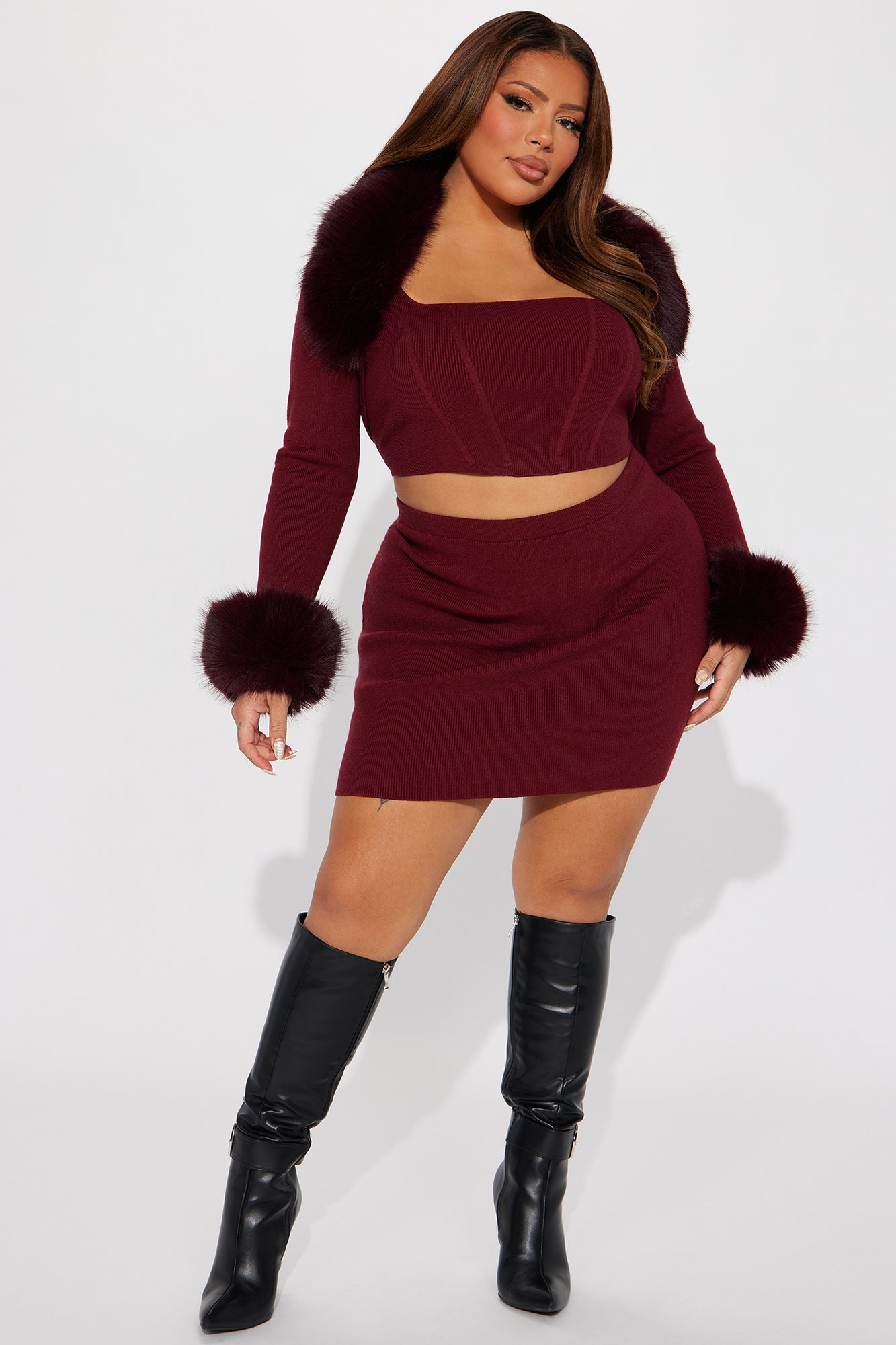 Sara 3 Piece Sweater Skirt Set - Wine