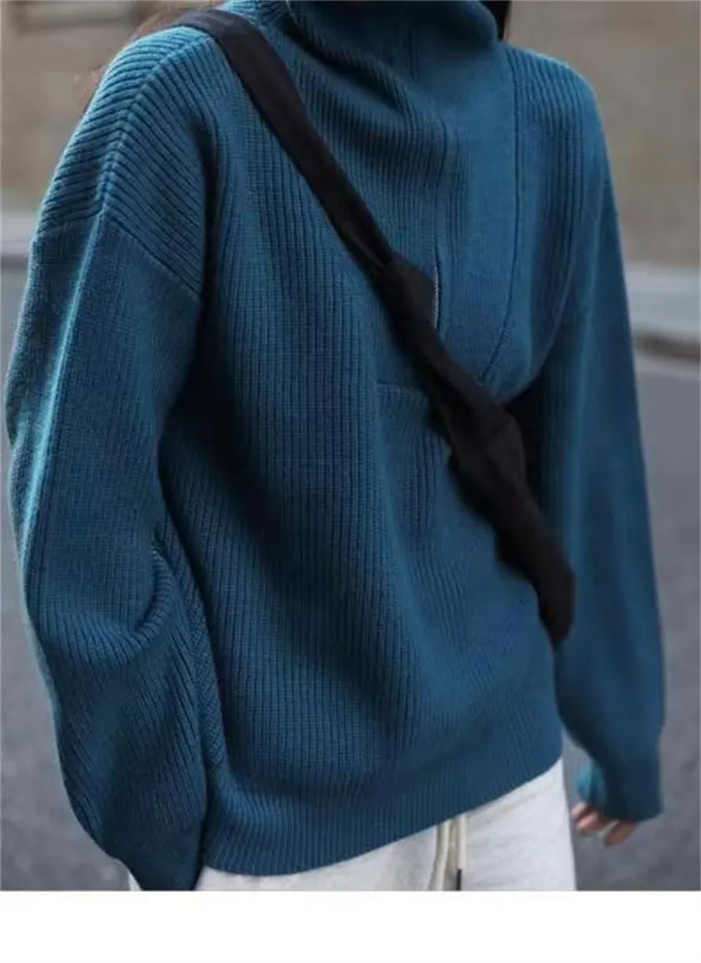 Two Wear Half Zip Large Lapel Soft Waxy Sweater