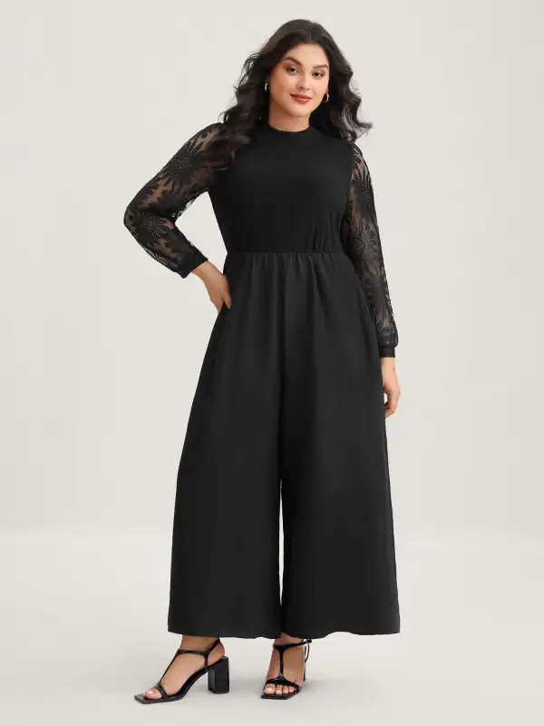 Crochet Lace Mesh Mock Neck Jumpsuit