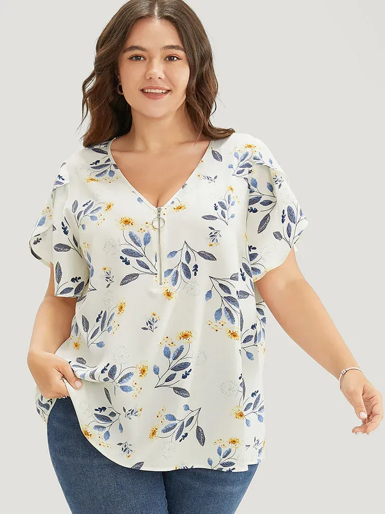 Floral O Ring Zipper Split Petal Sleeve Blouse