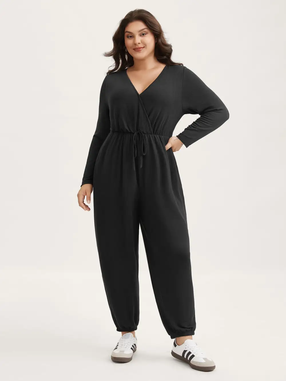 Elastic Waist Overlap Collar Lounge Jumpsuit
