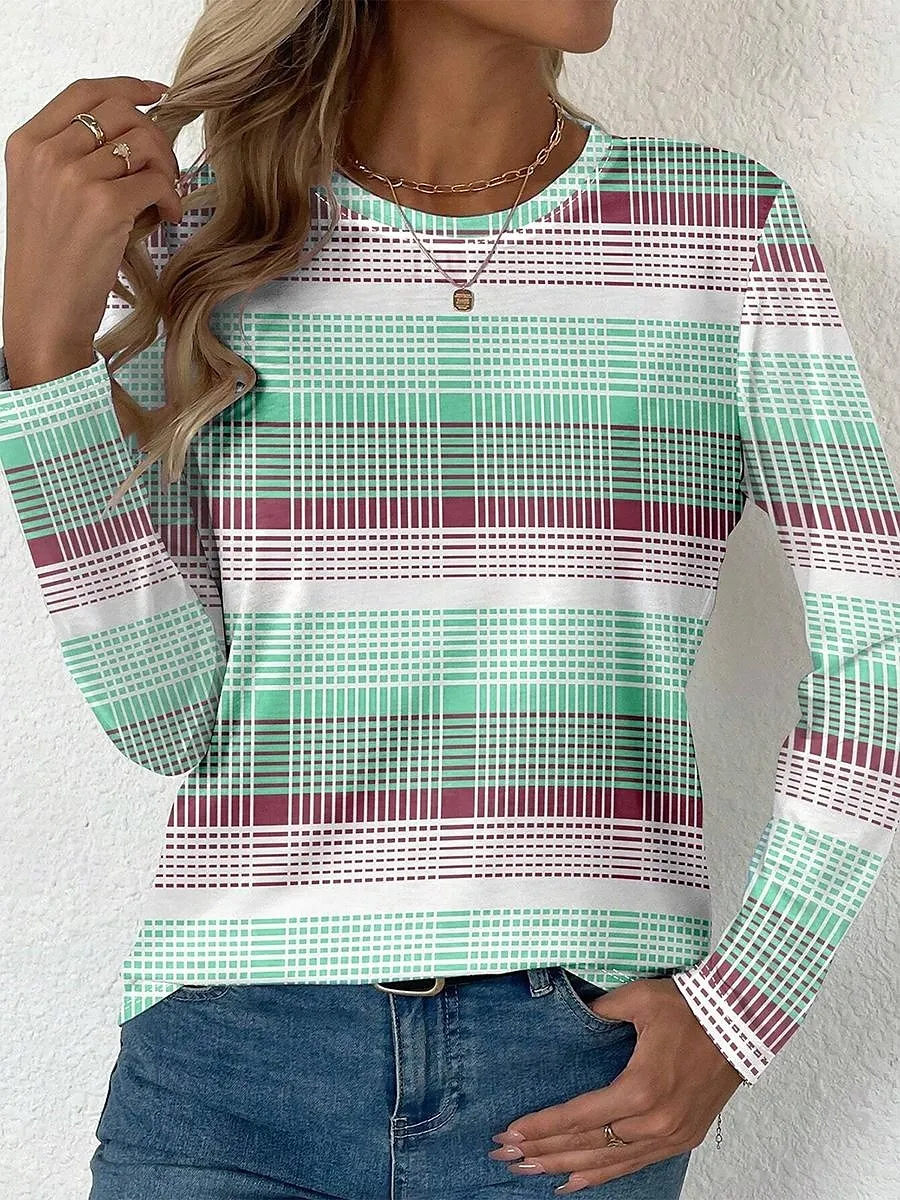 Easter Women's T shirt Long Sleeve Crew Neck Long Sleeve Tunic Graphic Plaid Stylish Modern Casual Regular Tops Daily Print Yellow Pink Blue Purple Green Fall Prefall