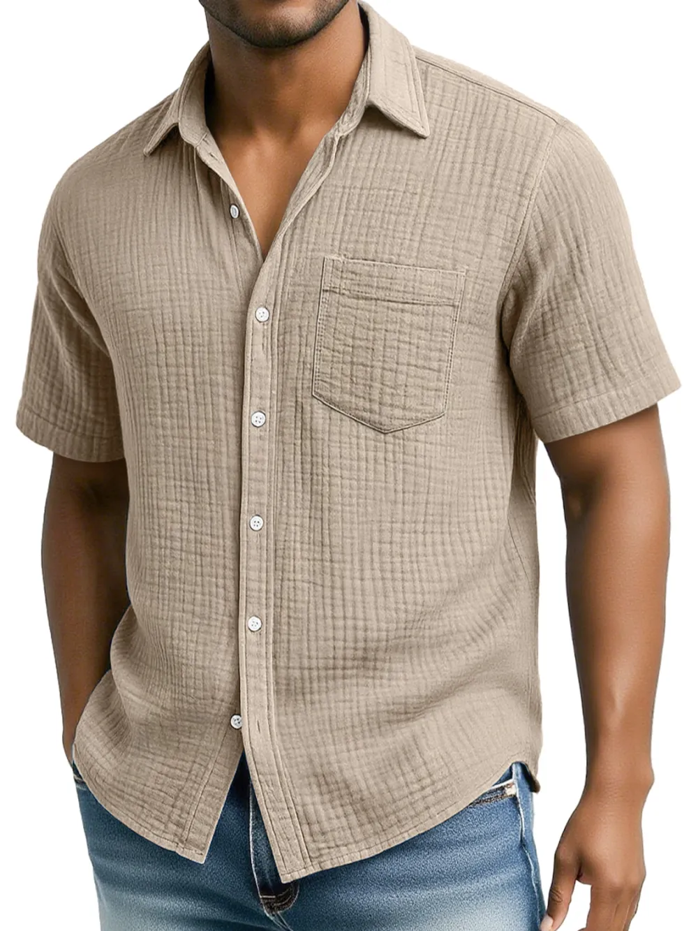 Men's Daily Pleated Texture Casual Pocket Comfort Short Sleeve Shirt