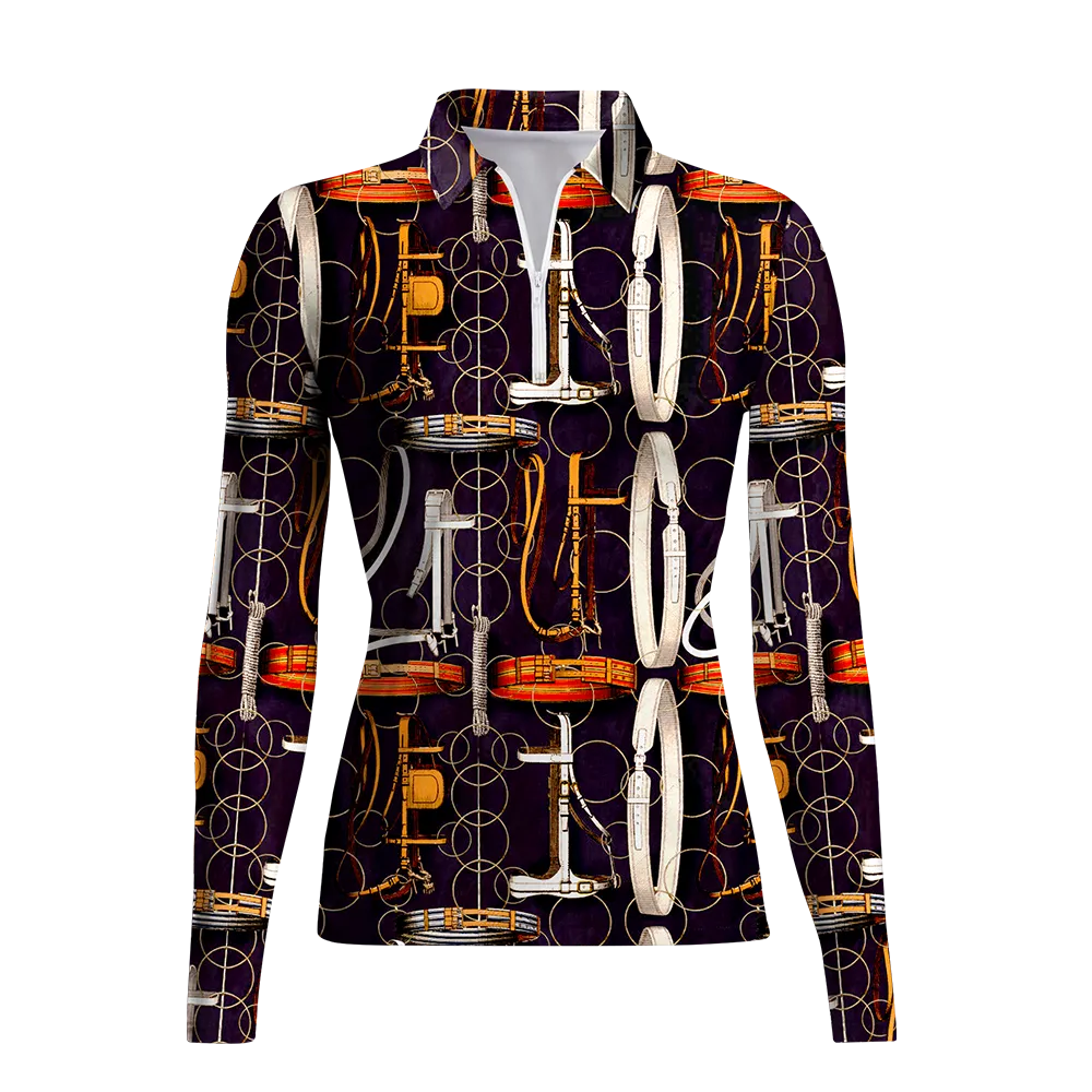 Women's Riding Style Horse Harness Print Long Sleeve Casual Lapel Shirt