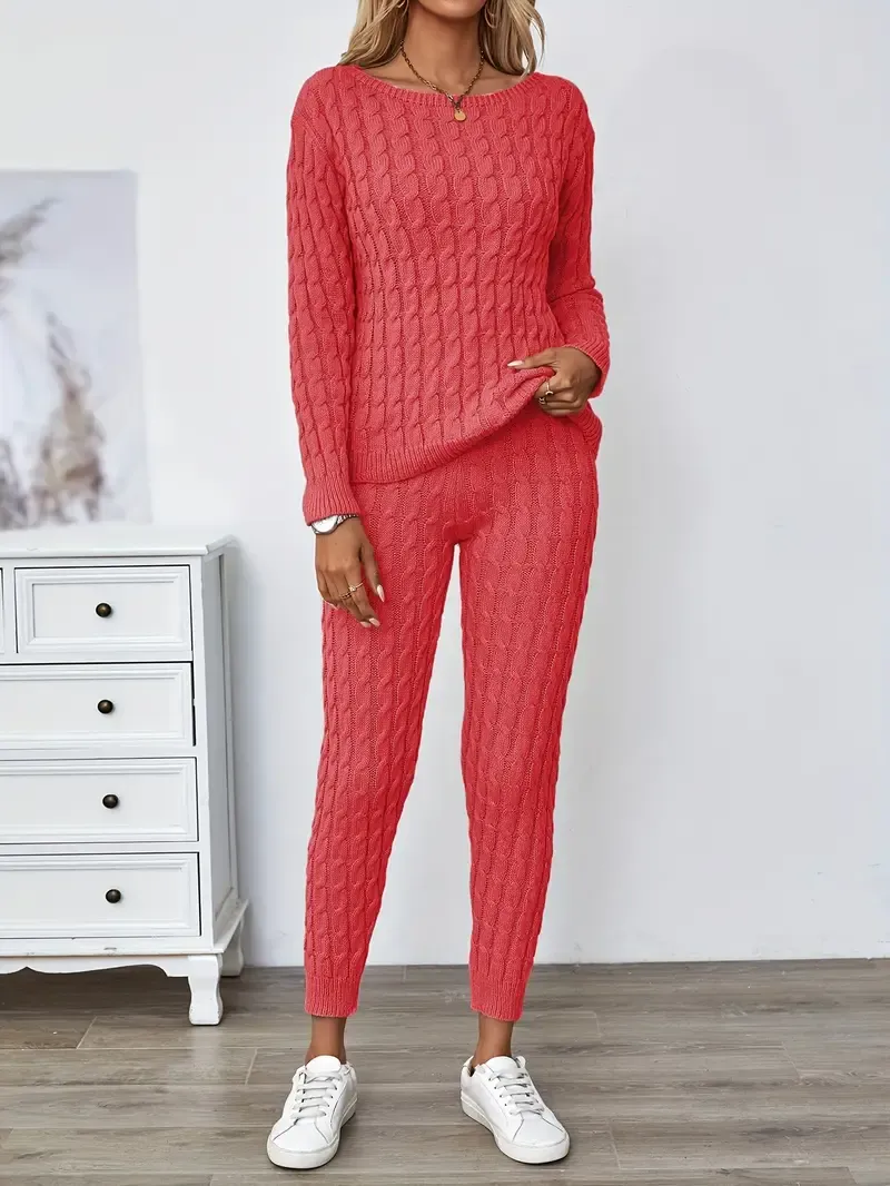 Solid Knitted Matching Two-piece Set, Casual Long Sleeve Sweater & Pants Outfits, Women's Clothing
