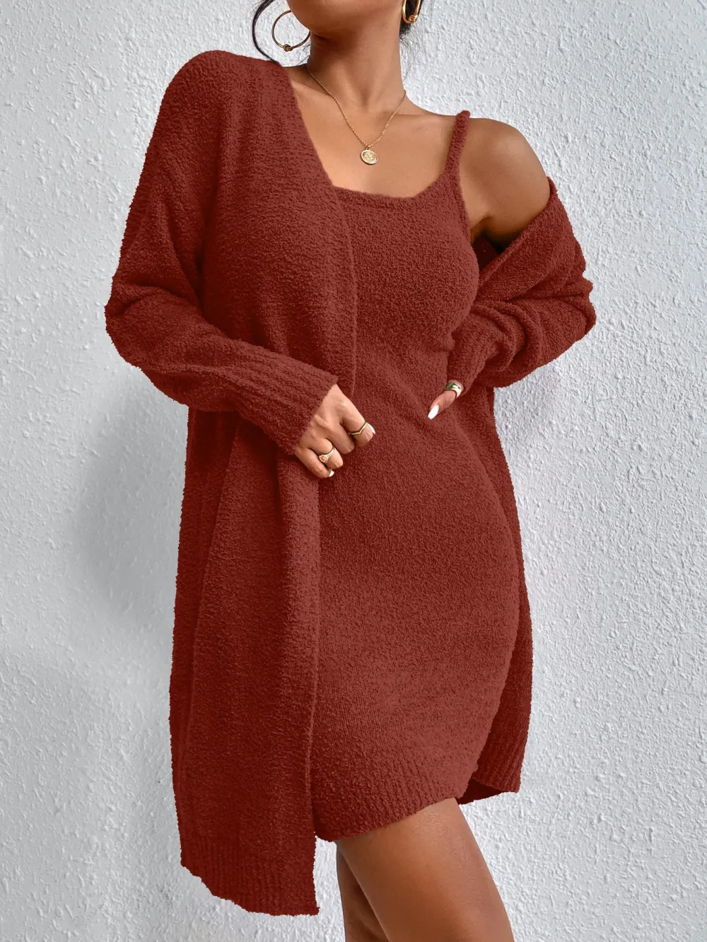 Solid Cami Sweater Dress & Drop Shoulder Cardigan