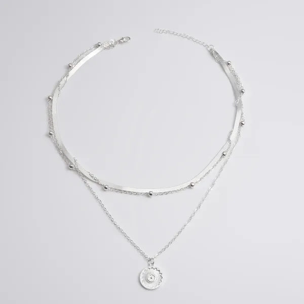 Silver Round Layered Design Alloy Necklace