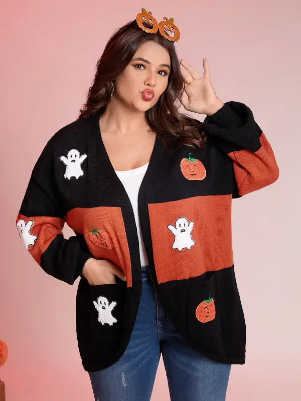 Halloween Elements Color Block Knit Cardigan