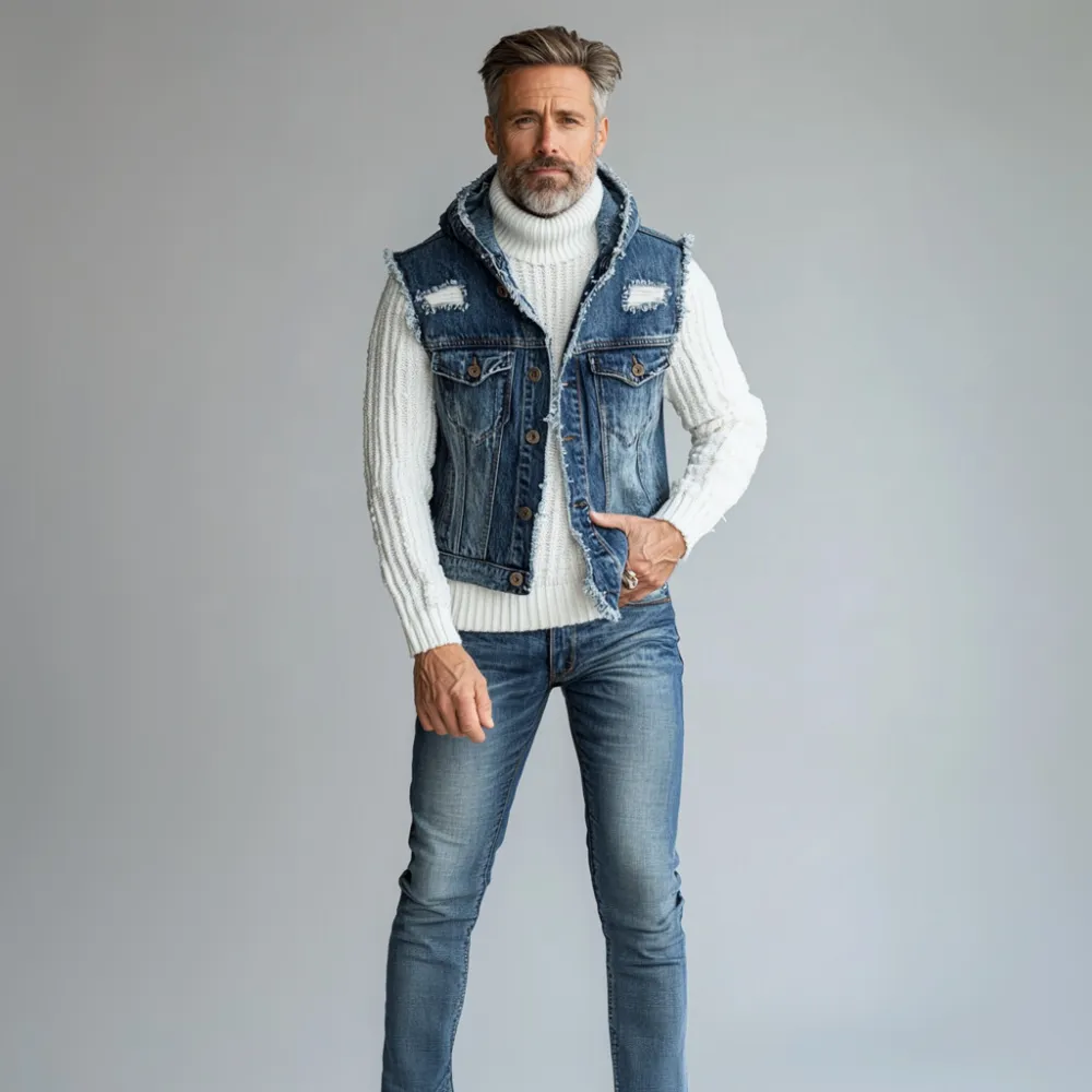 Men's Casual Denim Ripped Raw Edge Button Hooded Vest