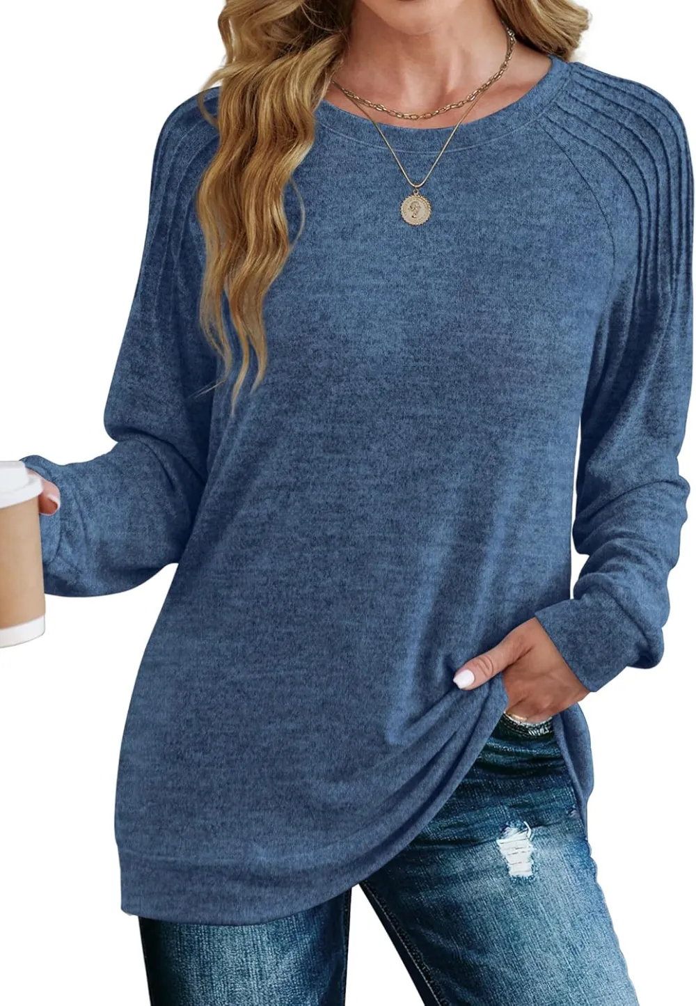 Sweatshirt for Women Crewneck Pleated Long Sleeve Shirts Tunic Tops Fashion 2024