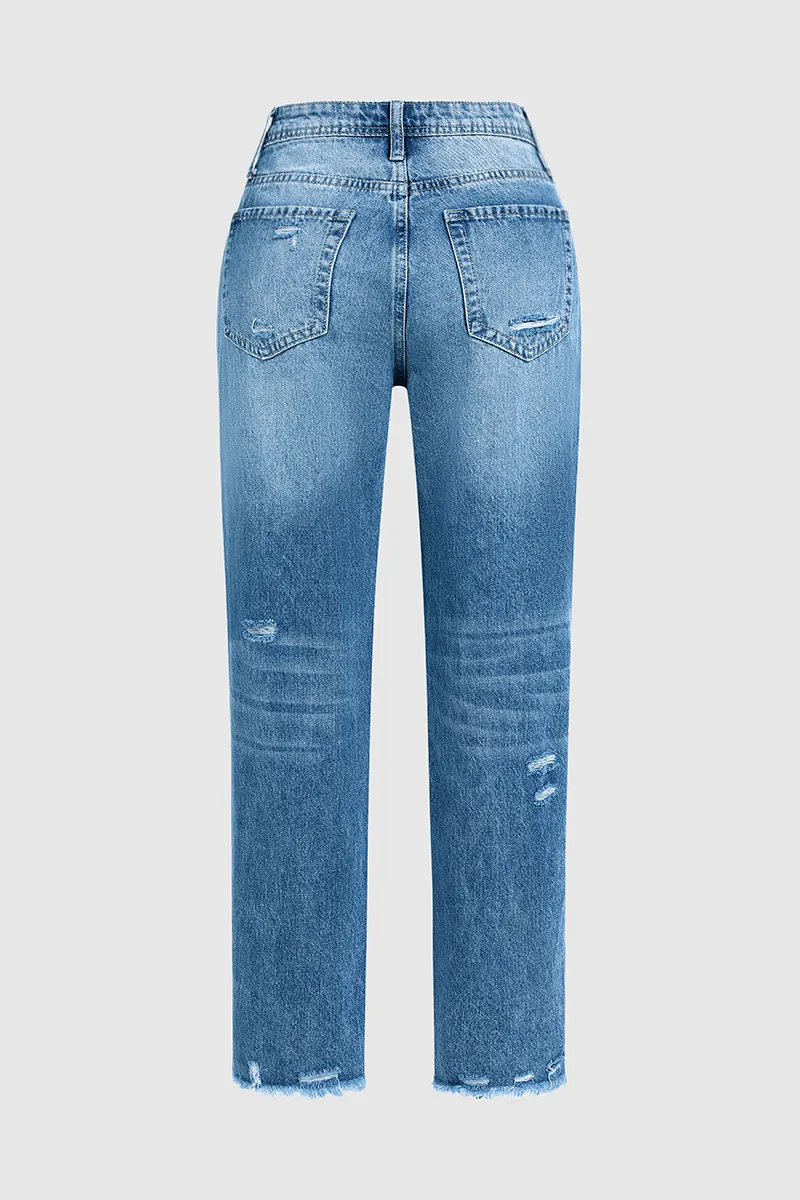 Ripped Raw Hem Zip Fly Jeans