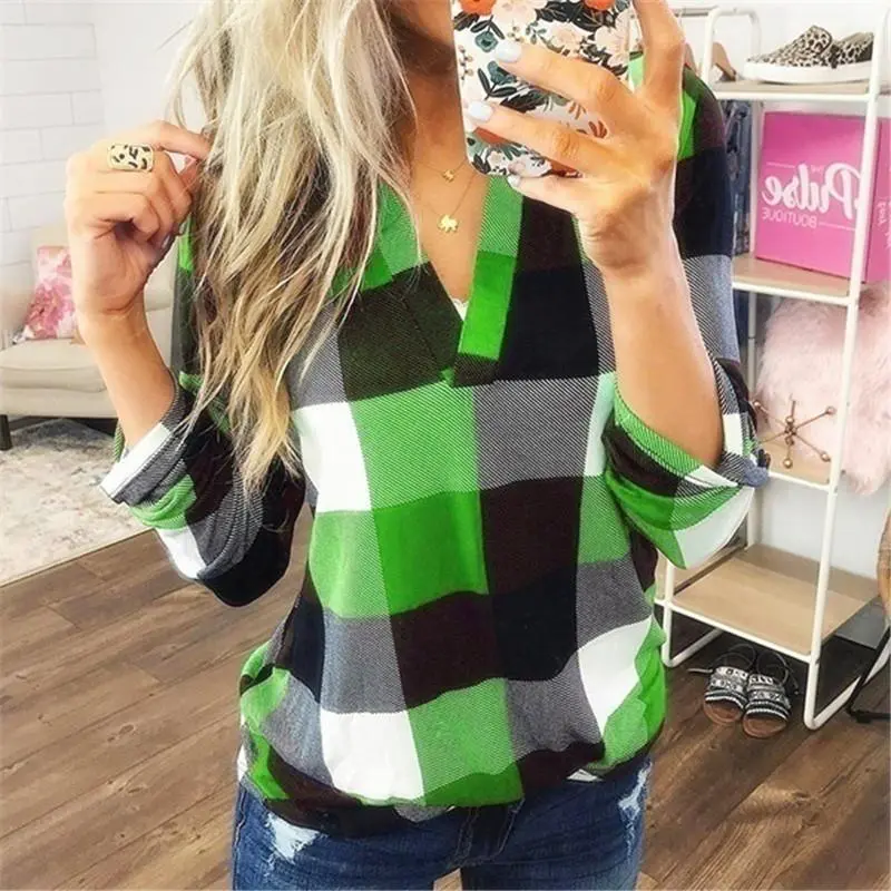 V Neck Lattice Color-blocked Long Sleeve Casual T-Shirt