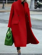 Women's Winter Coat Coat Cloak / Capes Windproof Warm Pocket Casual Street Style Plain Vacation Work Street Daily Wear Single Breasted Turndown Loose Fit Long Sleeve Outerwear Red Blue Green Fall