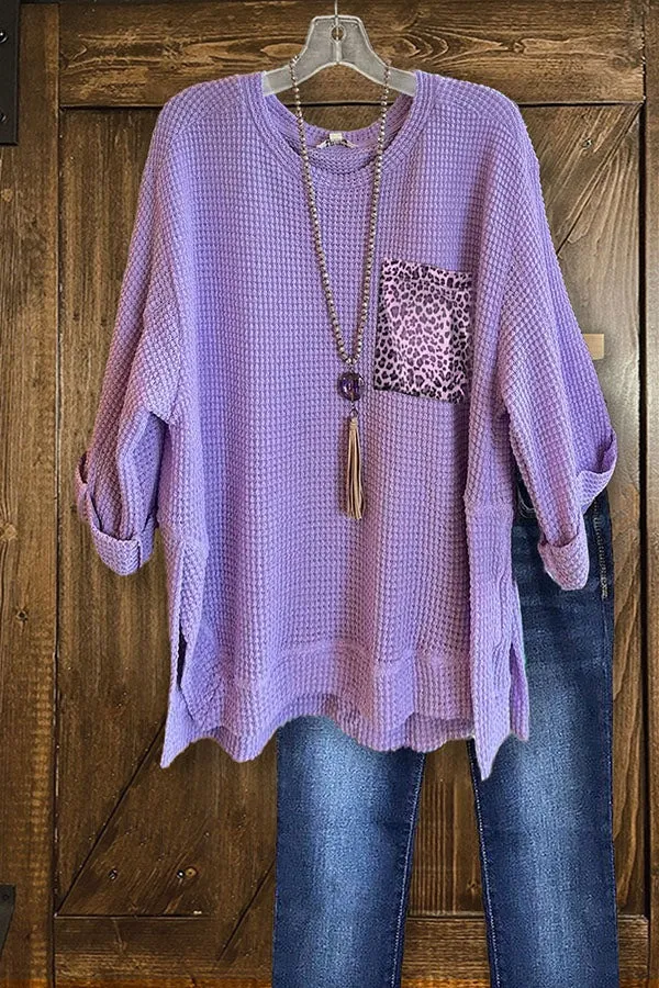 Casual Leopard Print Waffle Side Slit Top