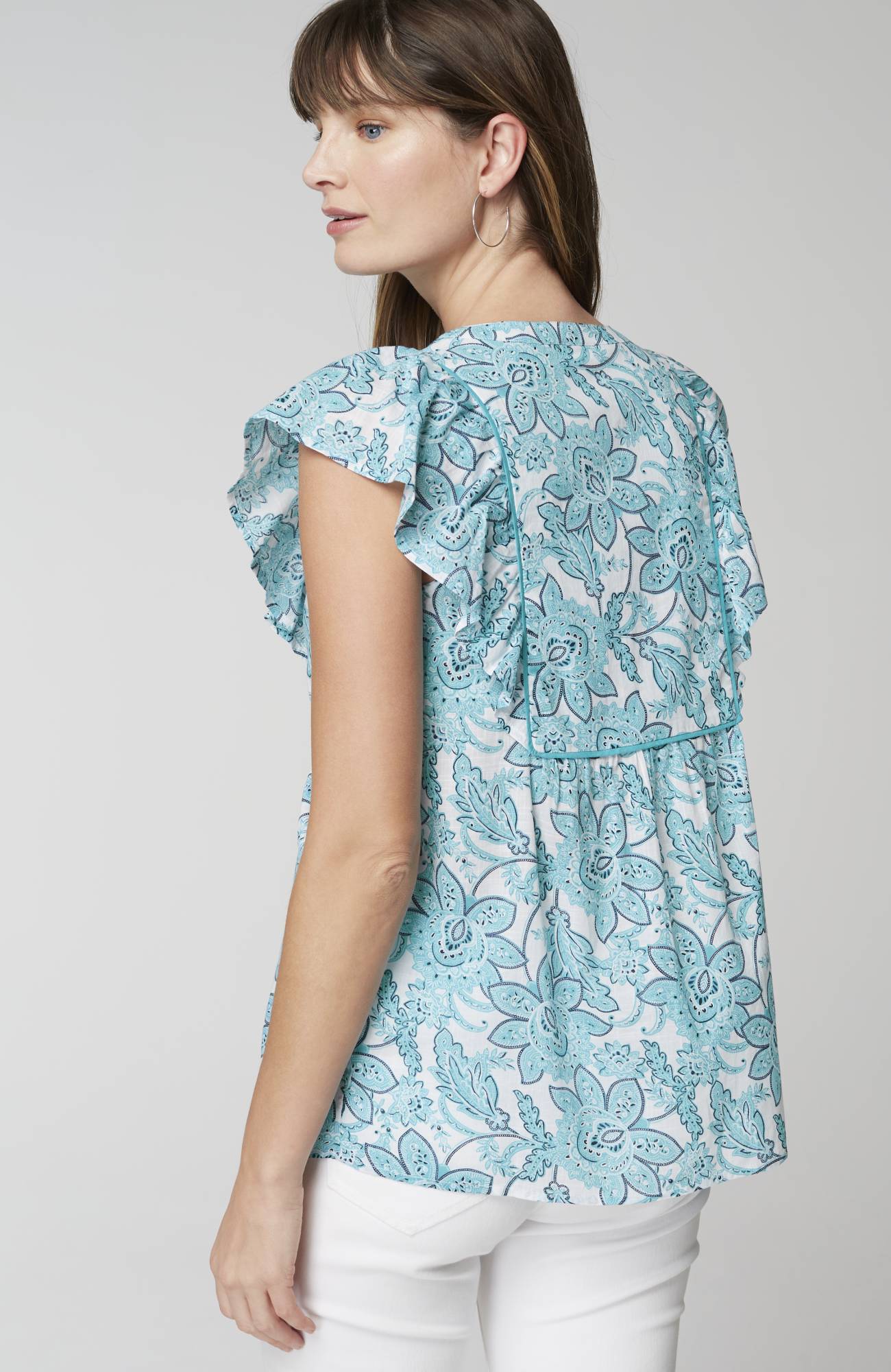 Piping-Trim Ruffle-Sleeve Top